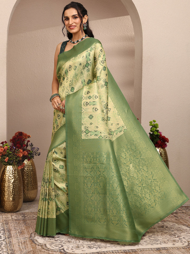 Green Printed Silk Blend Saree With Unstitched Blouse Piece