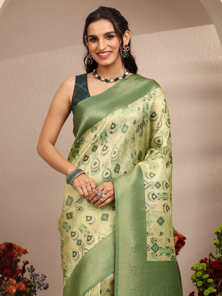 Green Printed Silk Blend Saree With Unstitched Blouse Piece