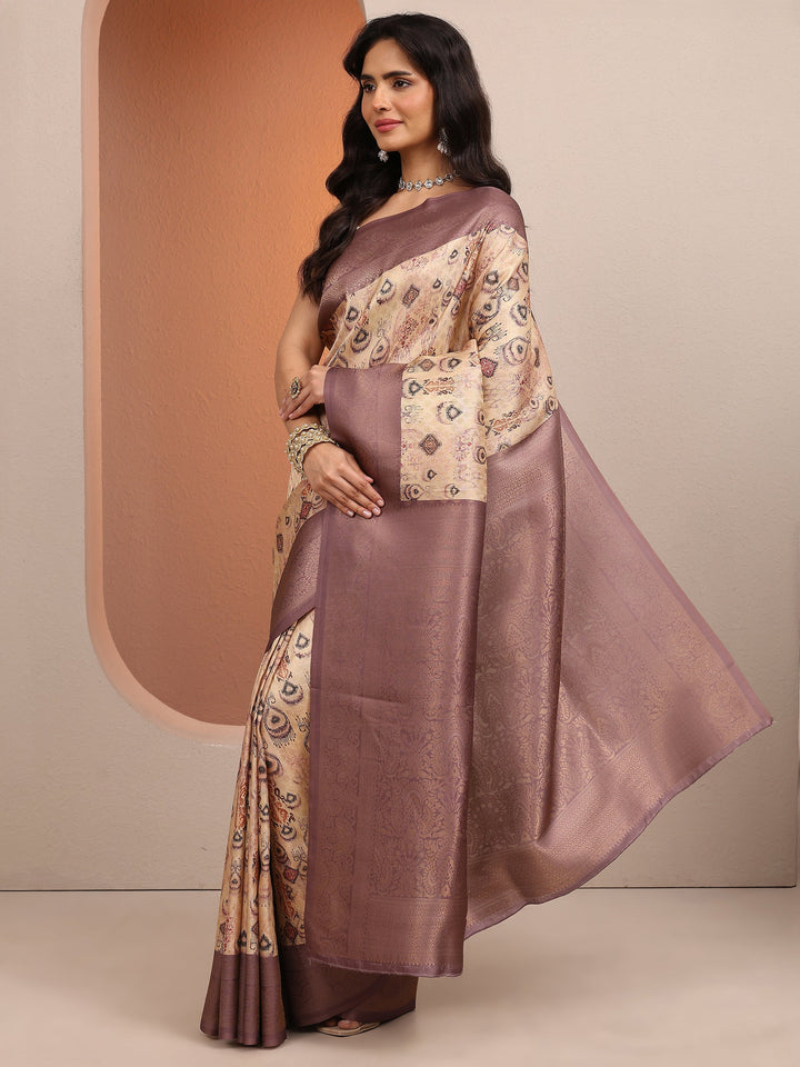 Beige Woven Design Banarsi Silk Blend Saree With Unstitched Blouse Piece