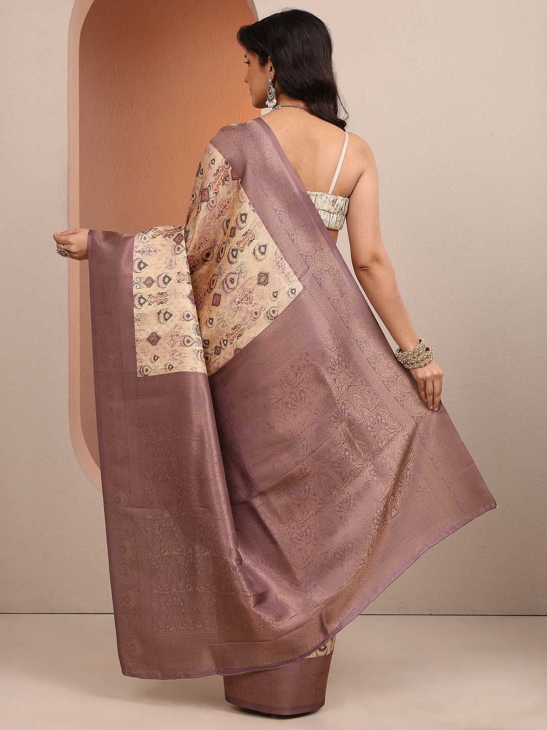 Beige Woven Design Banarsi Silk Blend Saree With Unstitched Blouse Piece
