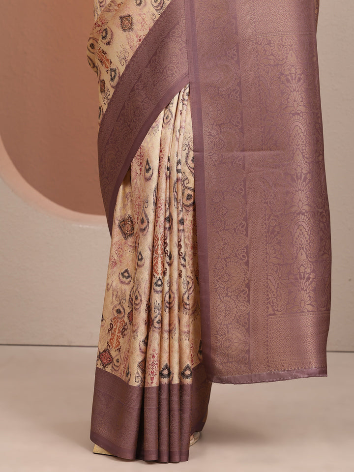 Beige Woven Design Banarsi Silk Blend Saree With Unstitched Blouse Piece