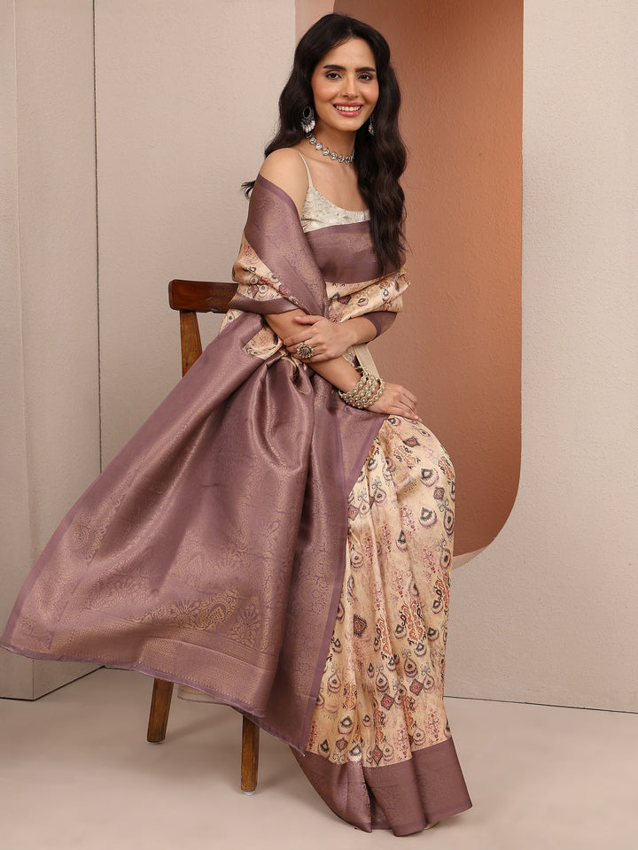 Beige Woven Design Banarsi Silk Blend Saree With Unstitched Blouse Piece