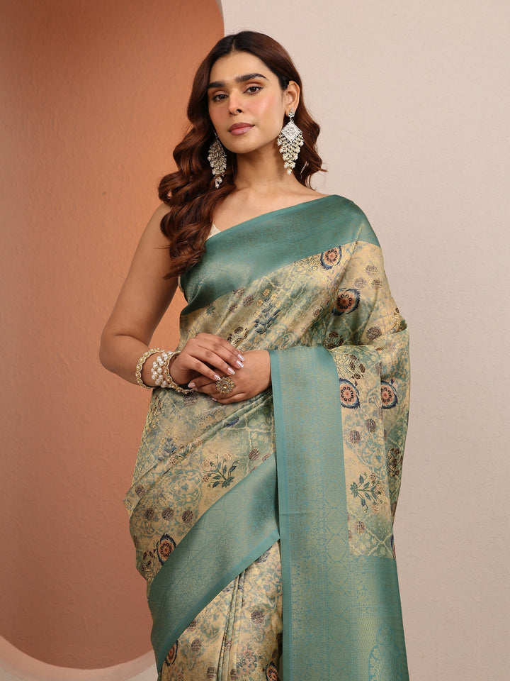 Green Printed Silk Blend Saree With Unstitched Blouse Piece