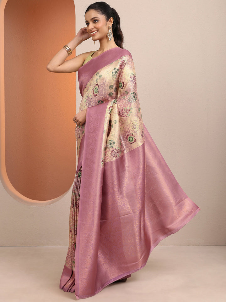 Mauve Printed Silk Blend Saree With Unstitched Blouse Piece