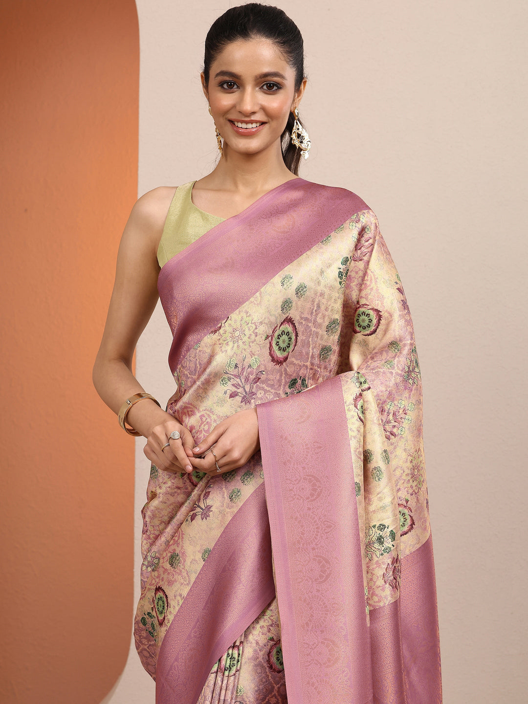 Mauve Printed Silk Blend Saree With Unstitched Blouse Piece