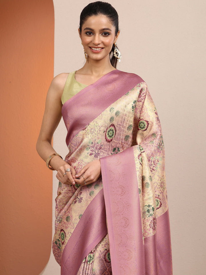 Mauve Printed Silk Blend Saree With Unstitched Blouse Piece