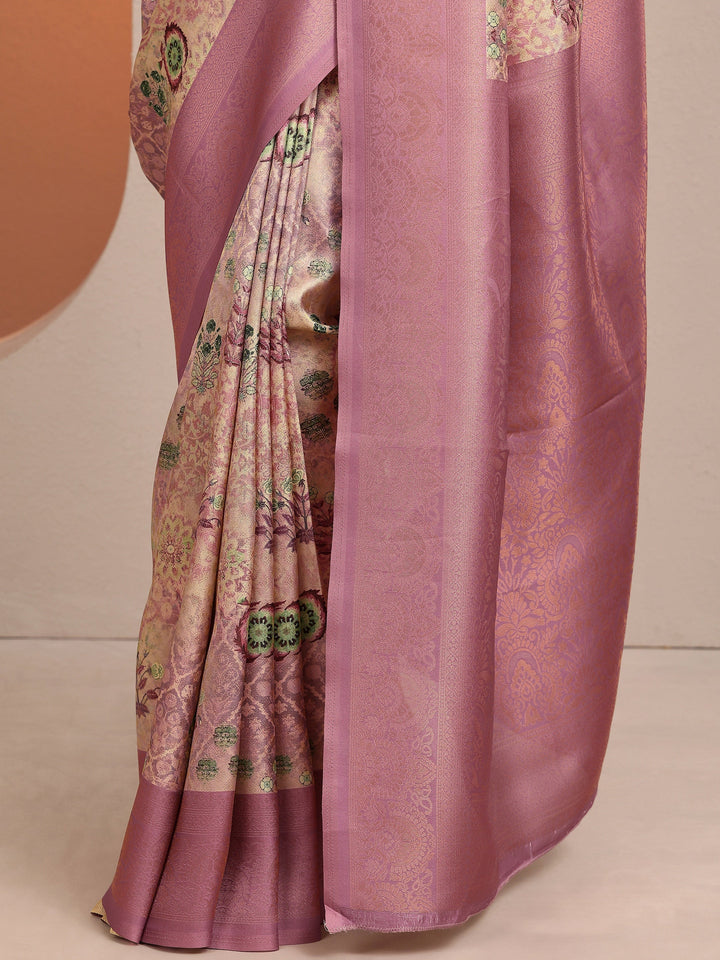 Mauve Printed Silk Blend Saree With Unstitched Blouse Piece