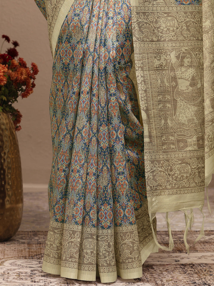 Multi Printed Silk Blend Saree With Unstitched Blouse Piece