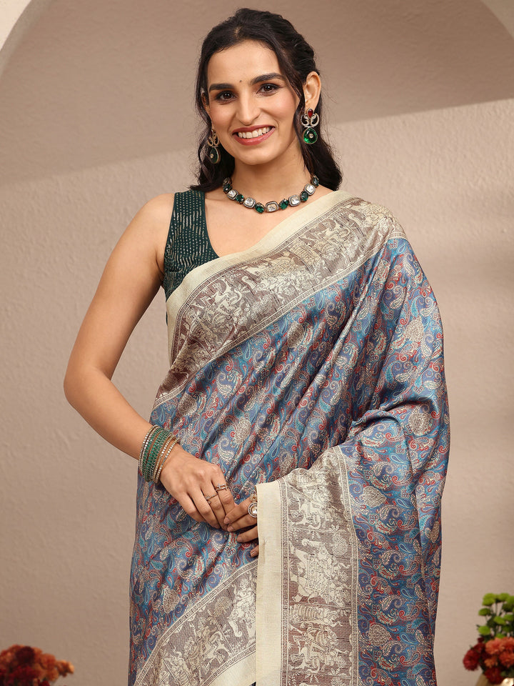 Multi Paisley Printed Silk Blend Saree With Unstitched Blouse Piece