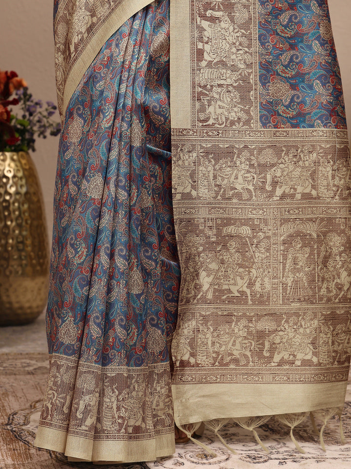 Multi Paisley Printed Silk Blend Saree With Unstitched Blouse Piece