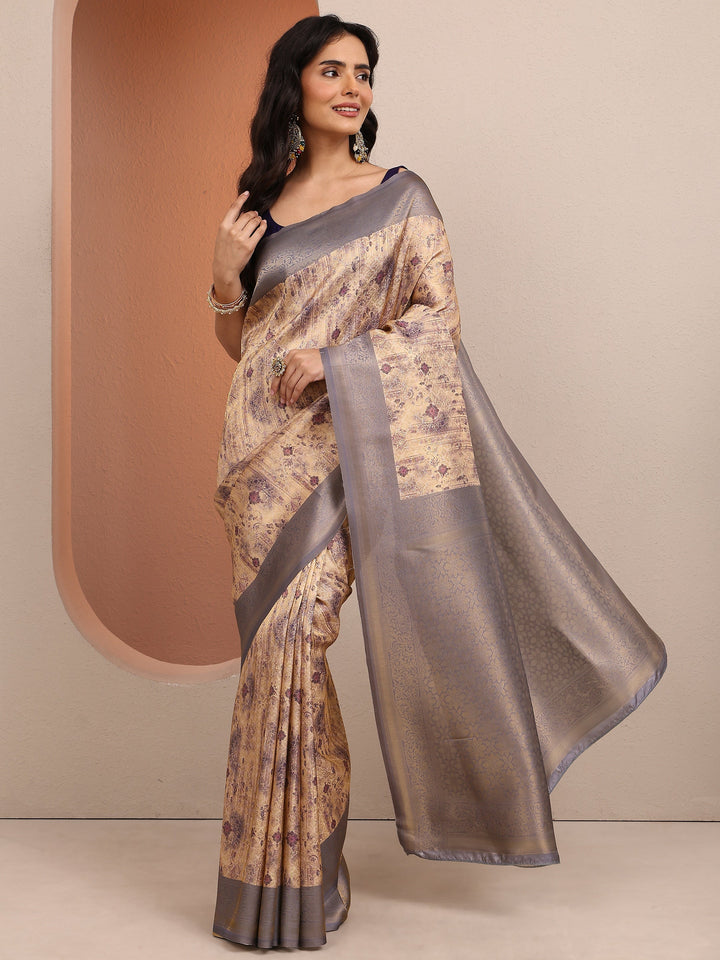 Gold Printed Silk Blend Saree With Unstitched Blouse Piece