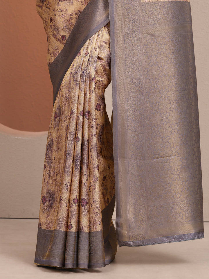 Gold Printed Silk Blend Saree With Unstitched Blouse Piece