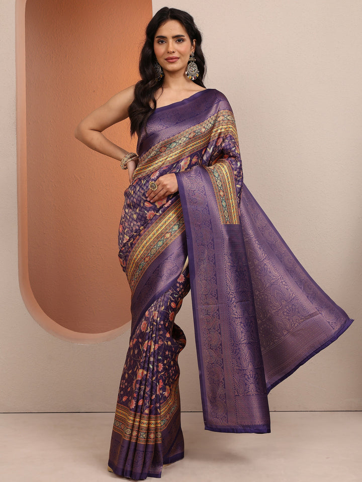 Purple Printed Silk Blend Saree With Unstitched Blouse Piece