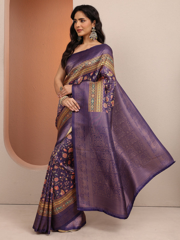 Purple Printed Silk Blend Saree With Unstitched Blouse Piece