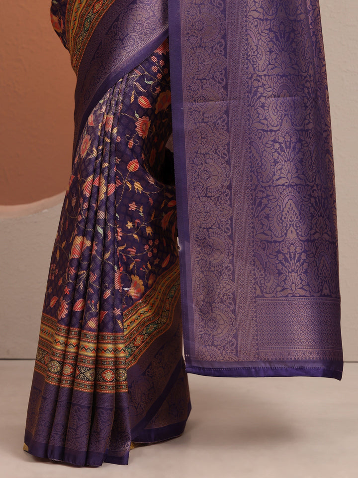 Purple Printed Silk Blend Saree With Unstitched Blouse Piece
