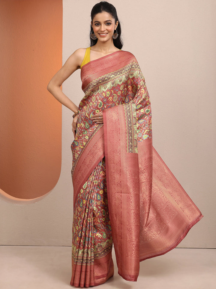 Rust Printed Silk Blend Saree With Unstitched Blouse Piece