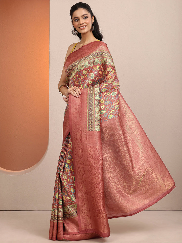 Rust Printed Silk Blend Saree With Unstitched Blouse Piece