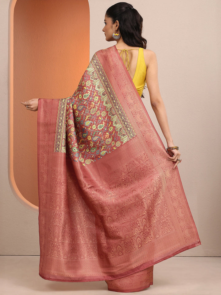 Rust Printed Silk Blend Saree With Unstitched Blouse Piece