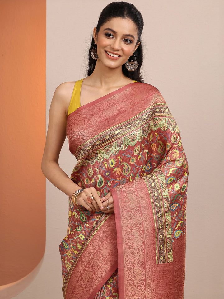 Rust Printed Silk Blend Saree With Unstitched Blouse Piece