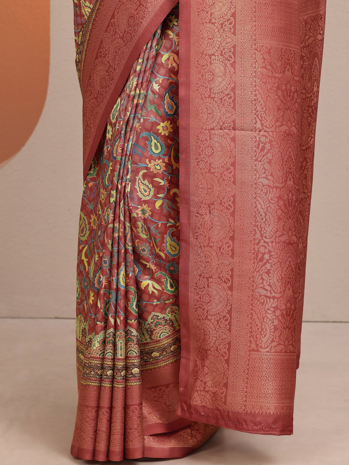 Rust Printed Silk Blend Saree With Unstitched Blouse Piece