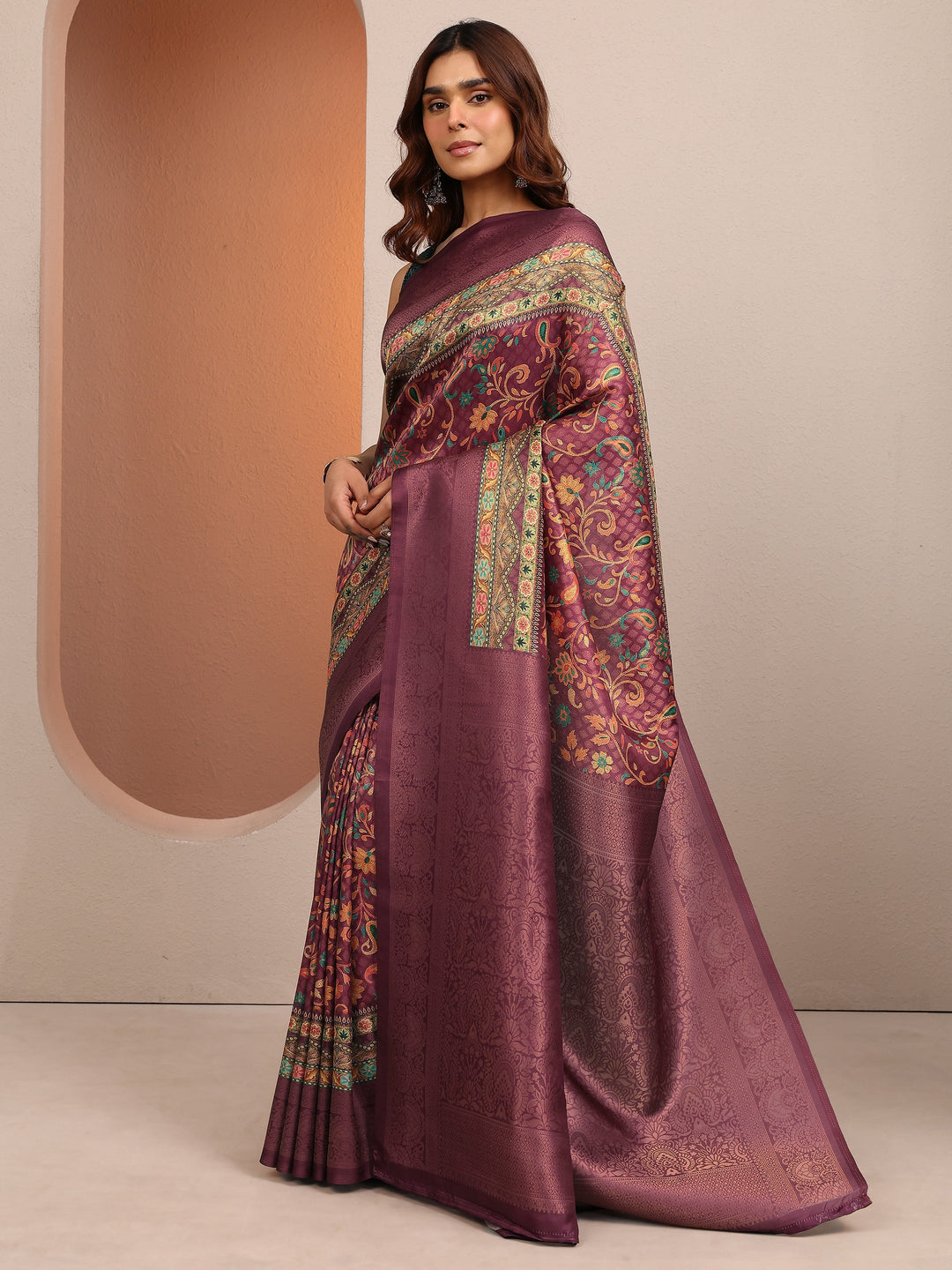 Burgundy Printed Silk Blend Saree With Unstitched Blouse Piece