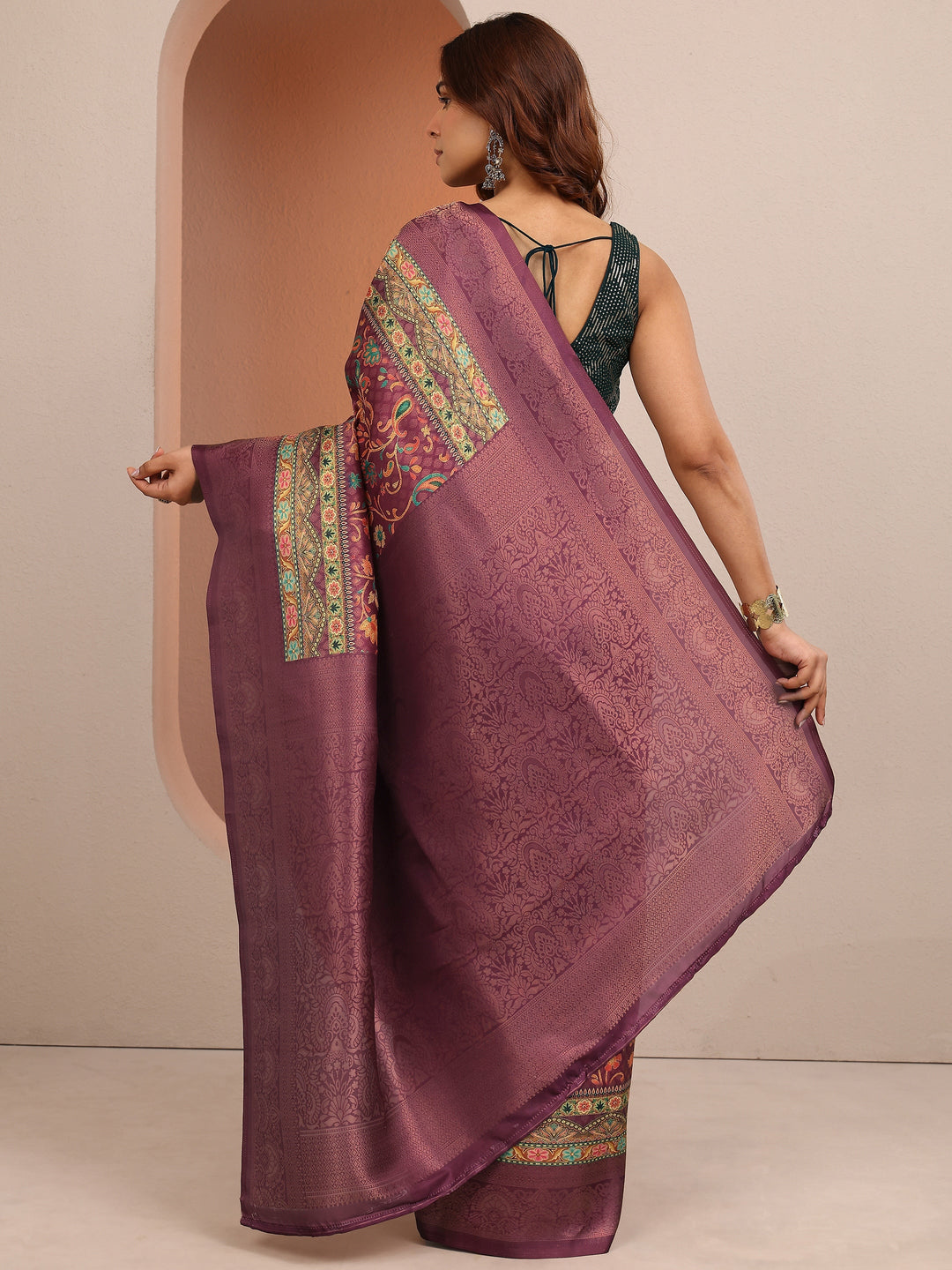 Burgundy Printed Silk Blend Saree With Unstitched Blouse Piece