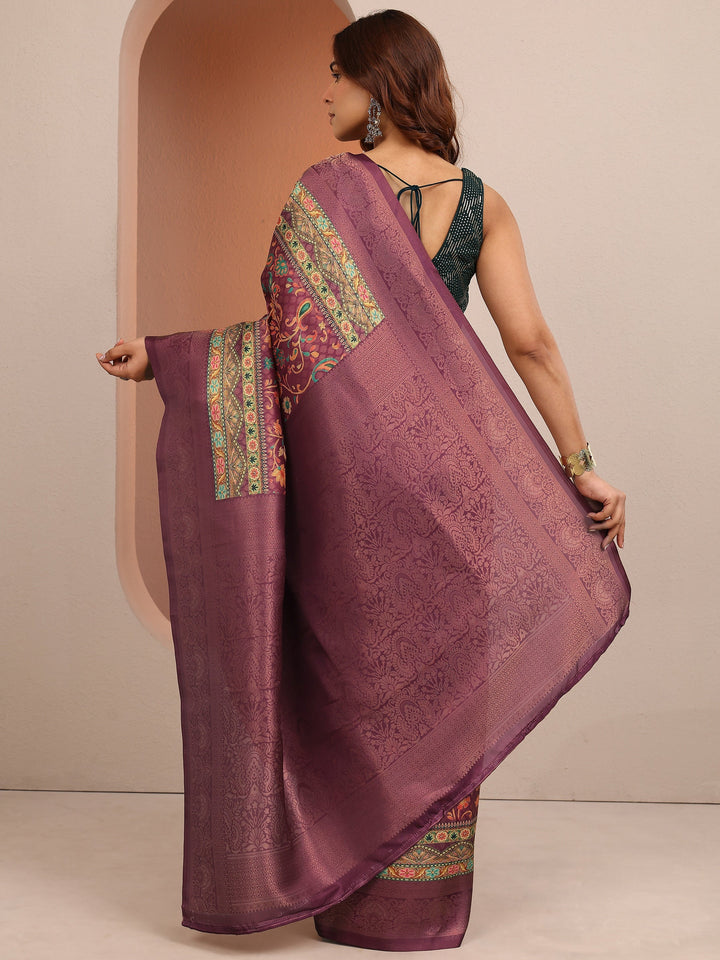 Burgundy Printed Silk Blend Saree With Unstitched Blouse Piece