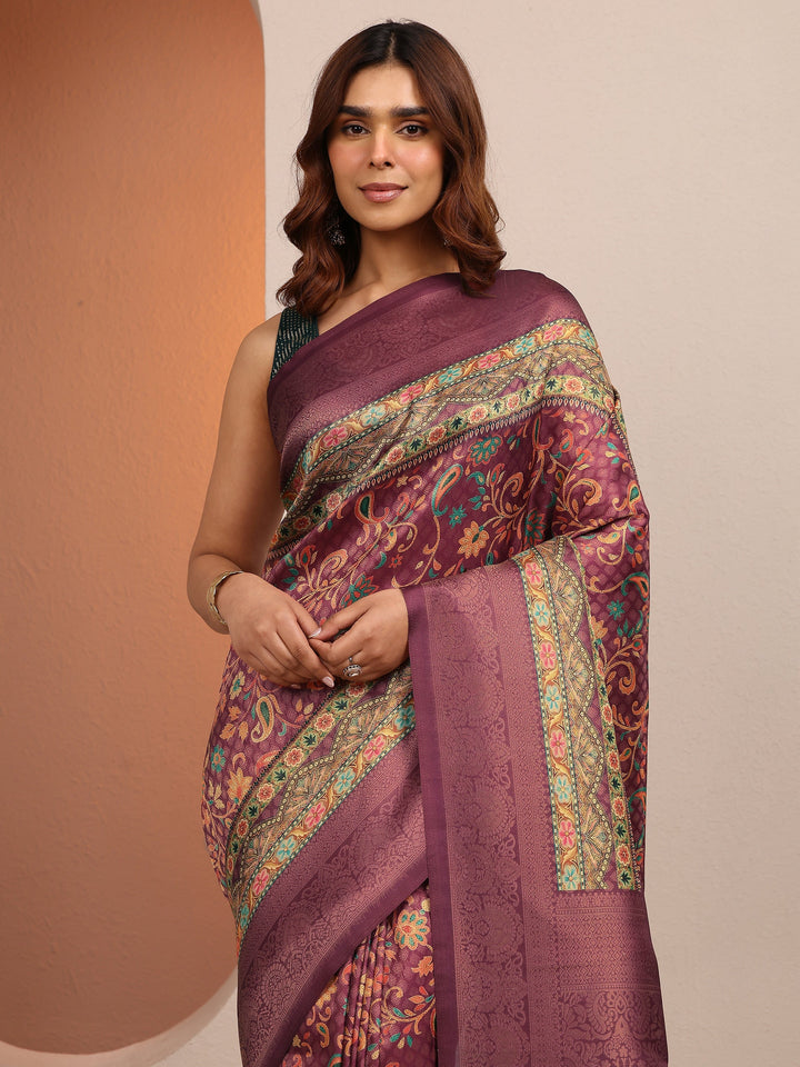 Burgundy Printed Silk Blend Saree With Unstitched Blouse Piece