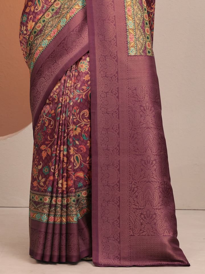 Burgundy Printed Silk Blend Saree With Unstitched Blouse Piece