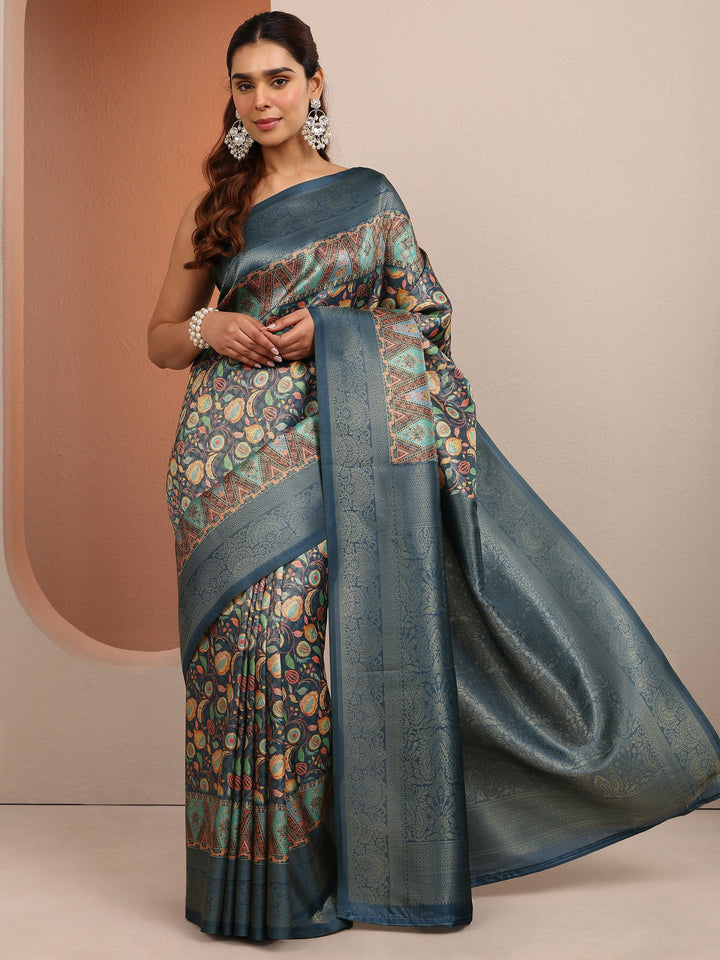 Blue Printed Silk Blend Saree With Unstitched Blouse Piece