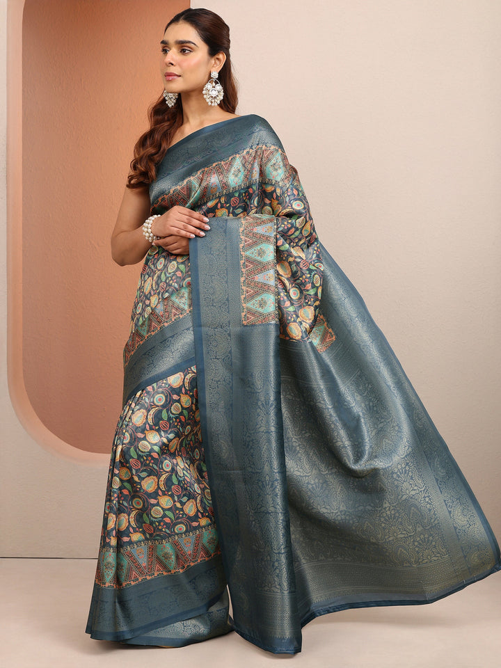 Blue Printed Silk Blend Saree With Unstitched Blouse Piece