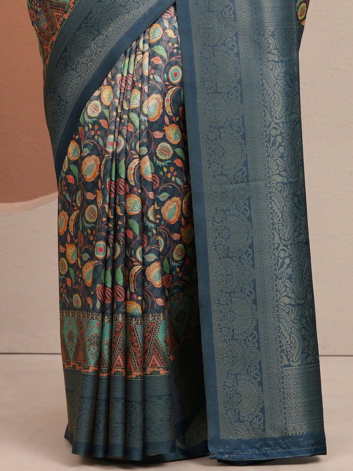 Blue Printed Silk Blend Saree With Unstitched Blouse Piece