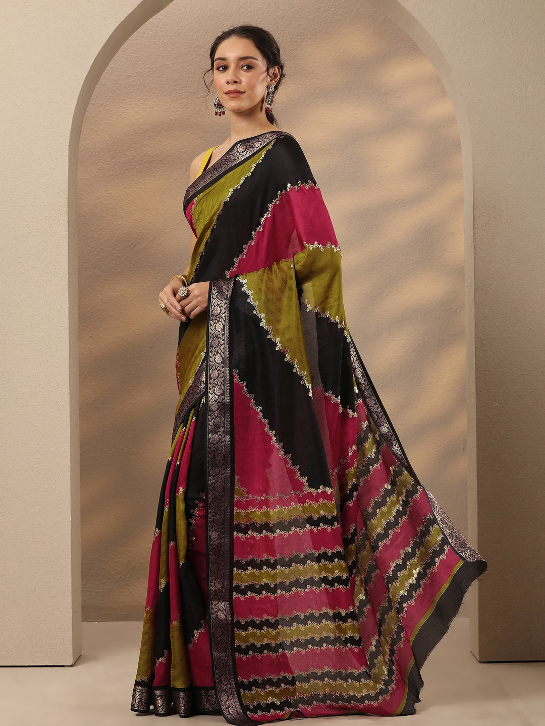 Multi Woven Design Silk Blend Saree With Unstitched Blouse Piece