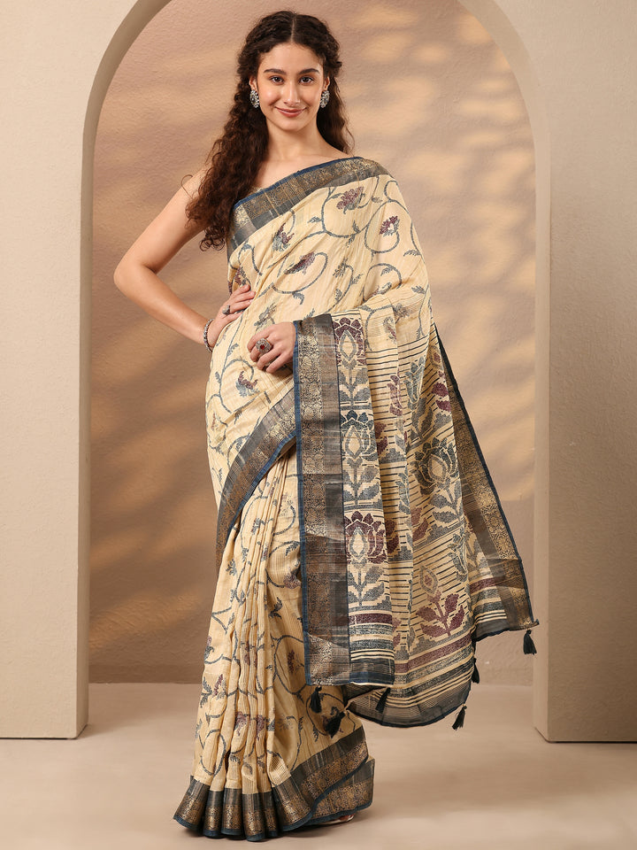 Beige Printed Silk Blend Saree With Unstitched Blouse Piece
