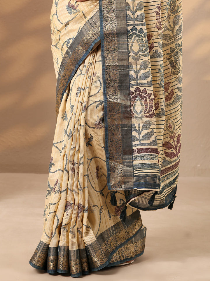 Beige Printed Silk Blend Saree With Unstitched Blouse Piece