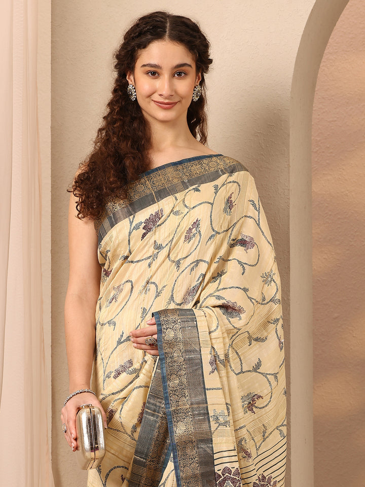 Beige Printed Silk Blend Saree With Unstitched Blouse Piece