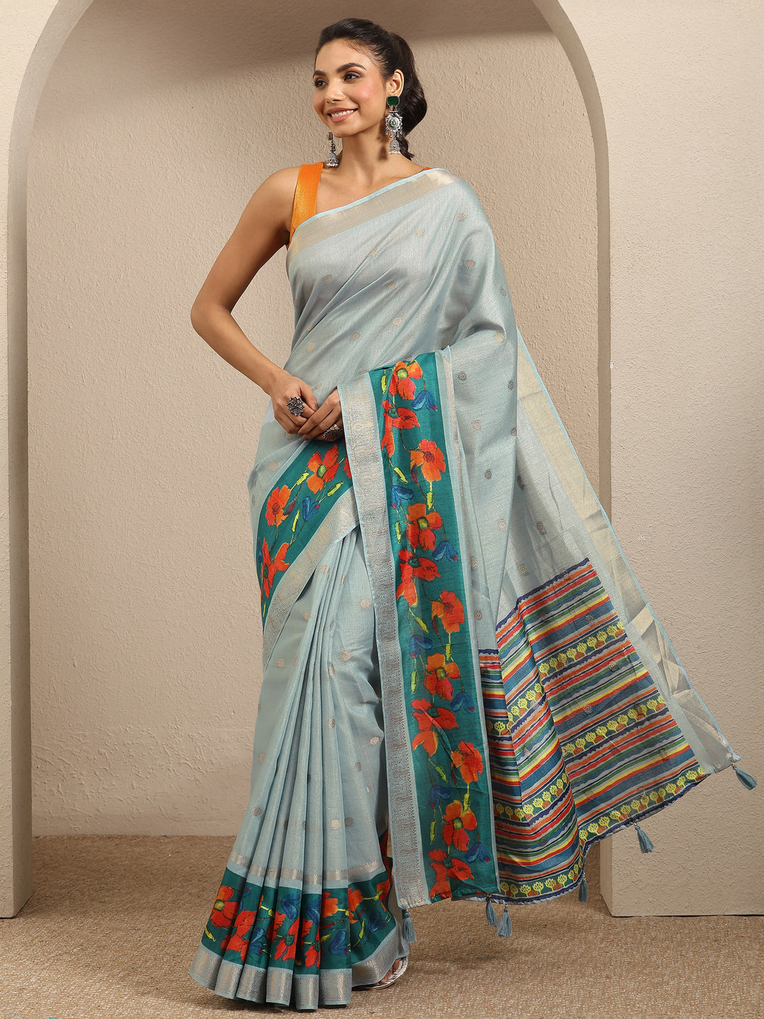 Blue Woven Design Silk Blend Saree With Unstitched Blouse Piece