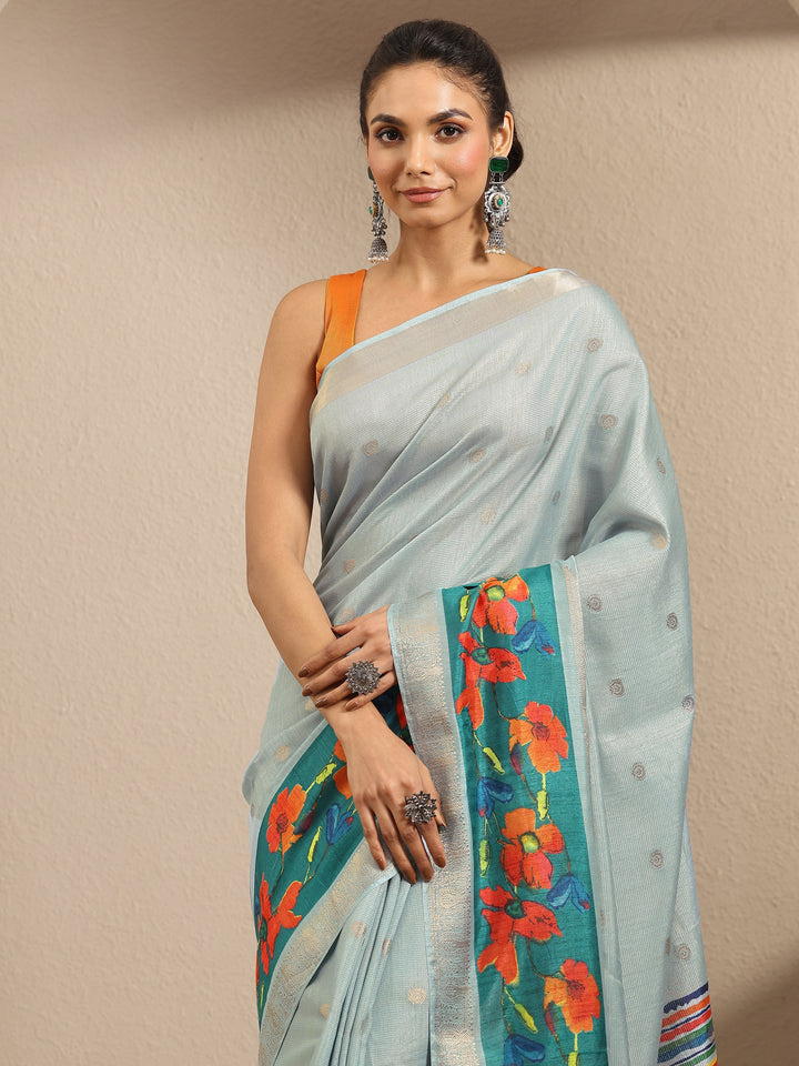Blue Woven Design Silk Blend Saree With Unstitched Blouse Piece