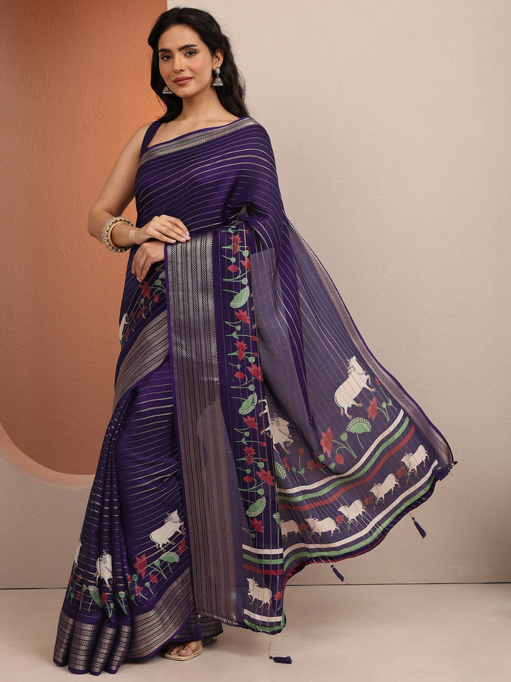 Purple Printed Silk Blend Saree With Unstitched Blouse Piece