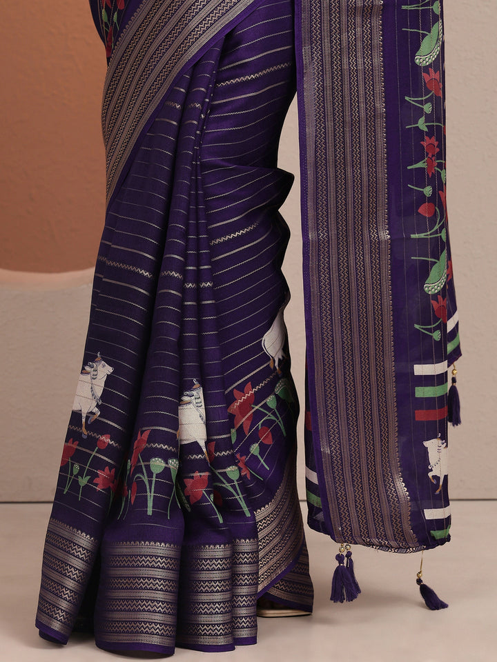 Purple Printed Silk Blend Saree With Unstitched Blouse Piece