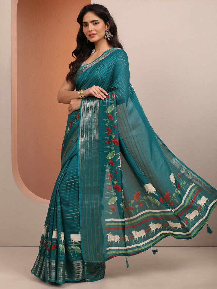 Green Woven Design Banarsi Silk Blend Saree With Unstitched Blouse Piece