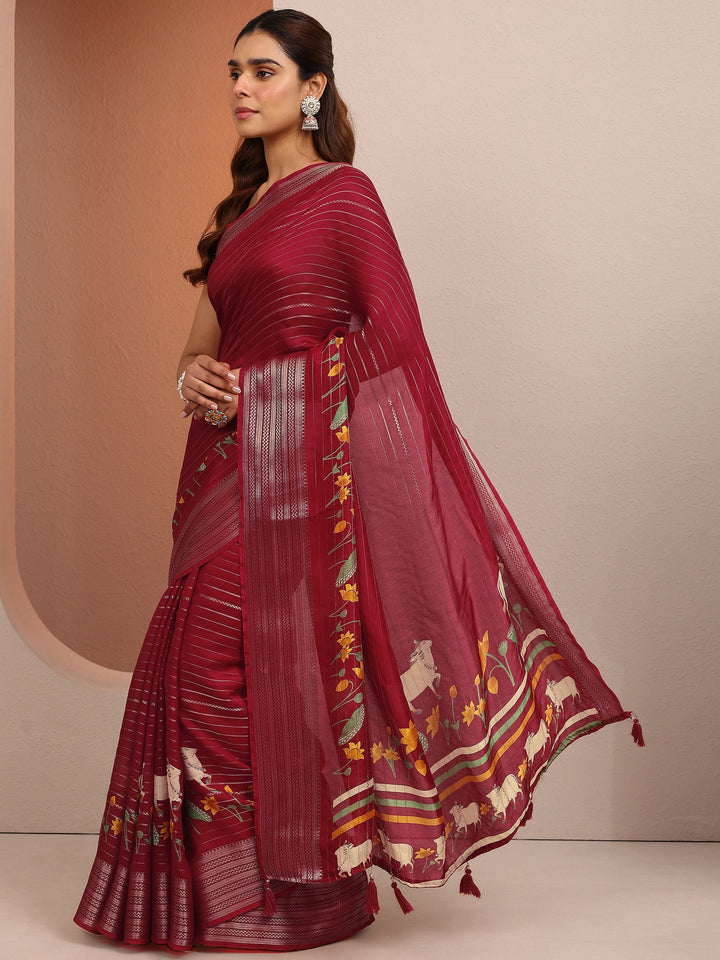 Red Printed Silk Blend Saree With Unstitched Blouse Piece