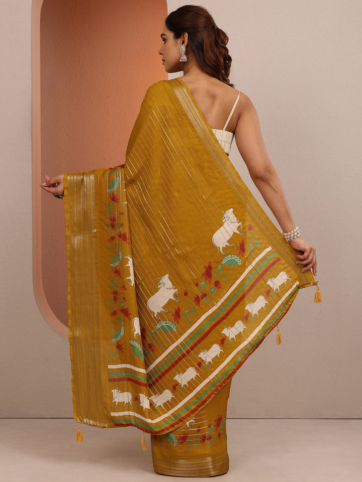 Mustard Printed Silk Blend Saree With Unstitched Blouse Piece