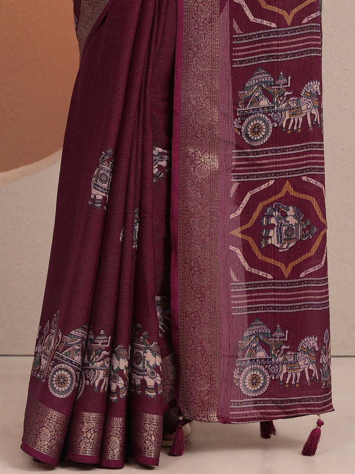 Burgundy Tribal Printed Silk Blend Saree With Unstitched Blouse Piece