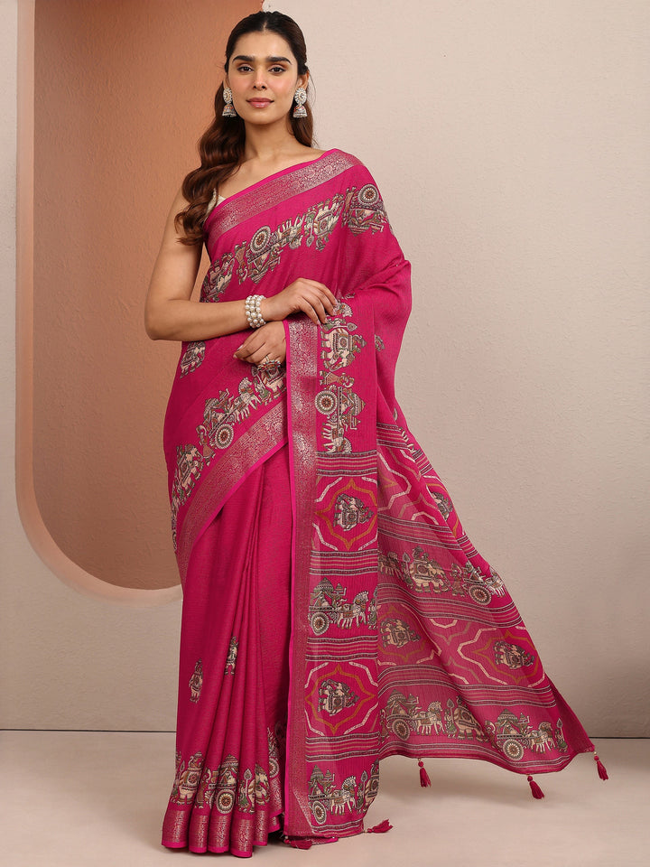 Pink Tribal Printed Silk Blend Saree With Unstitched Blouse Piece