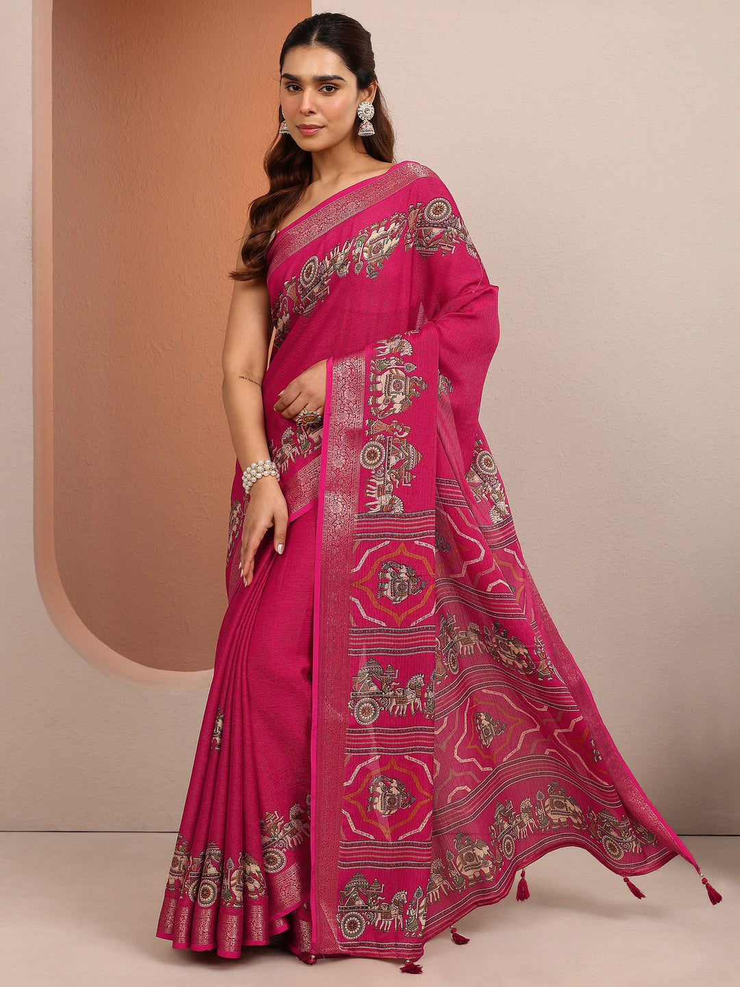 Pink Tribal Printed Silk Blend Saree With Unstitched Blouse Piece