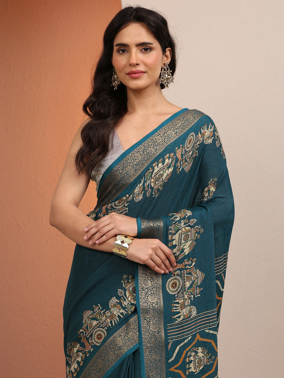 Blue Tribal Printed Silk Blend Saree With Unstitched Blouse Piece