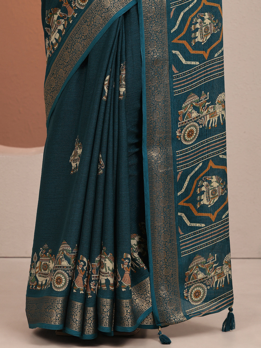 Blue Tribal Printed Silk Blend Saree With Unstitched Blouse Piece