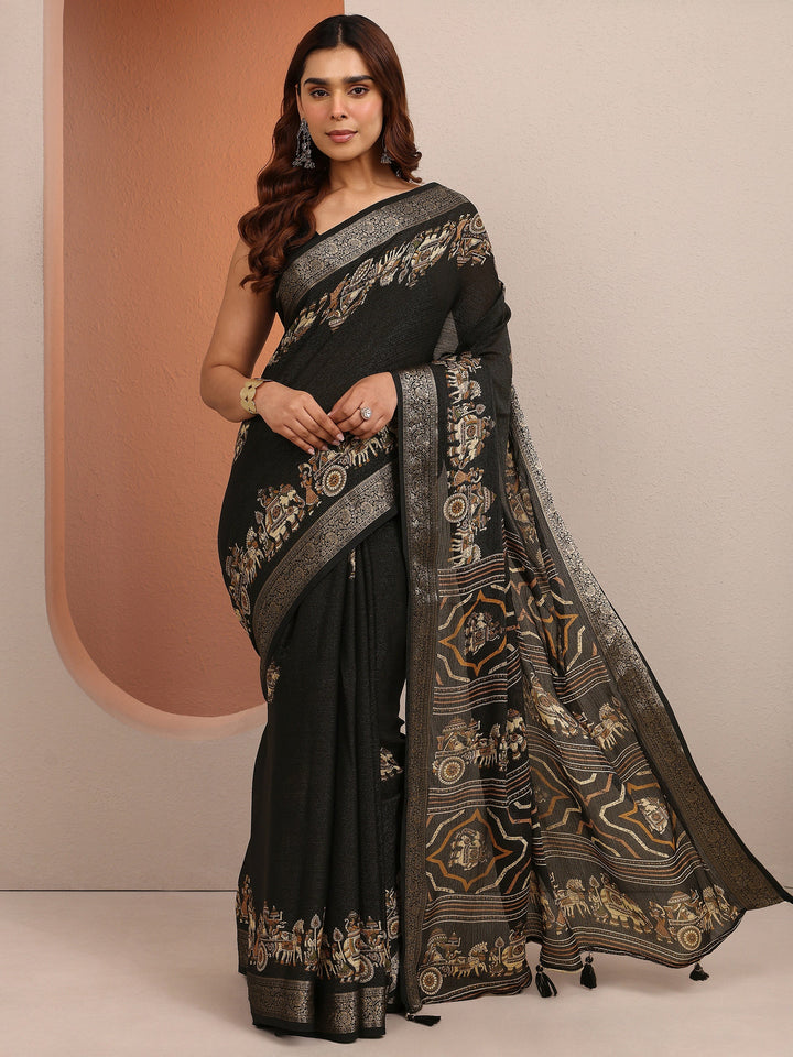 Black Tribal Printed Silk Blend Saree With Unstitched Blouse Piece