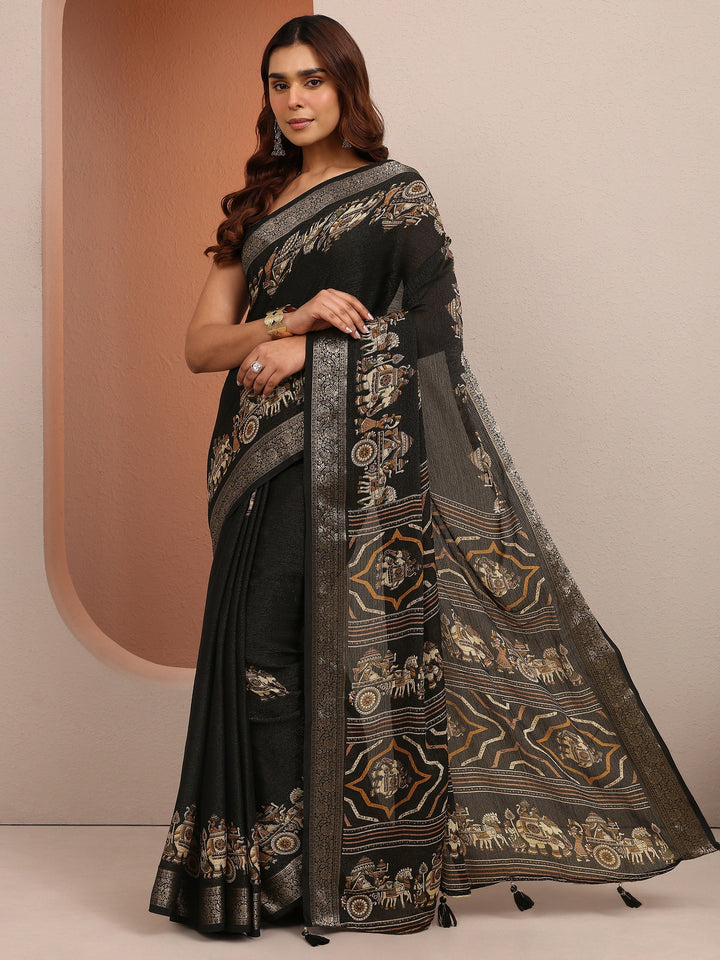 Black Tribal Printed Silk Blend Saree With Unstitched Blouse Piece